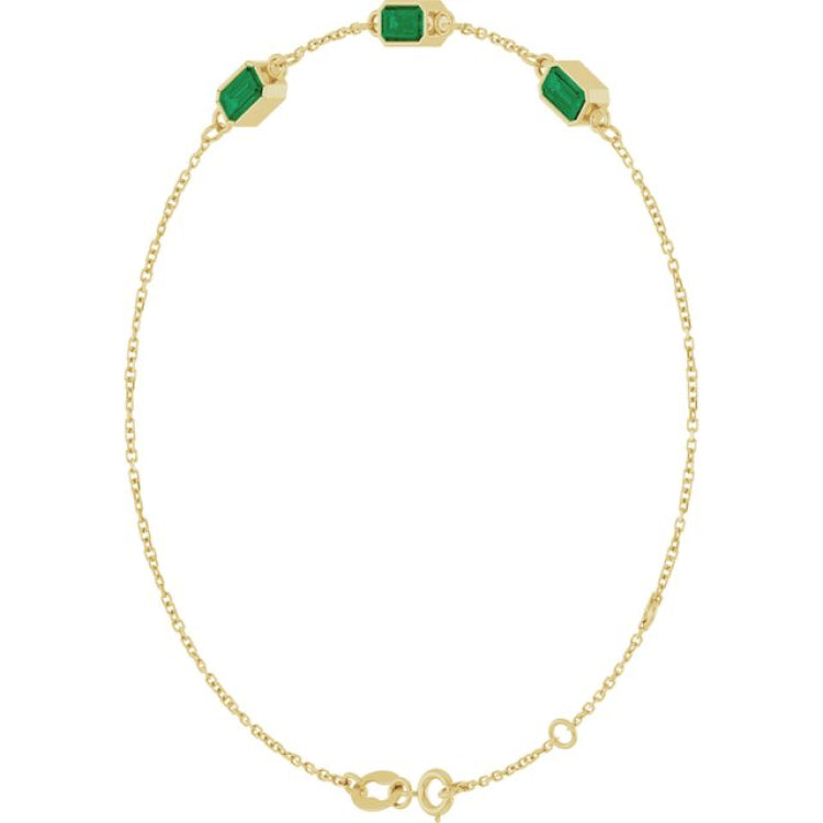 14K Yellow Gold Lab-Grown Emerald Bezel-Set 3-Stone 7 1/2" Bracelet