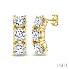 1 1/4 Ctw 3-Stone Round Cut Diamond Fashion Earrings in 14K Yellow Gold