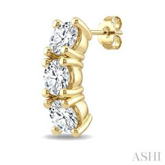 1 1/4 Ctw 3-Stone Round Cut Diamond Fashion Earrings in 14K Yellow Gold