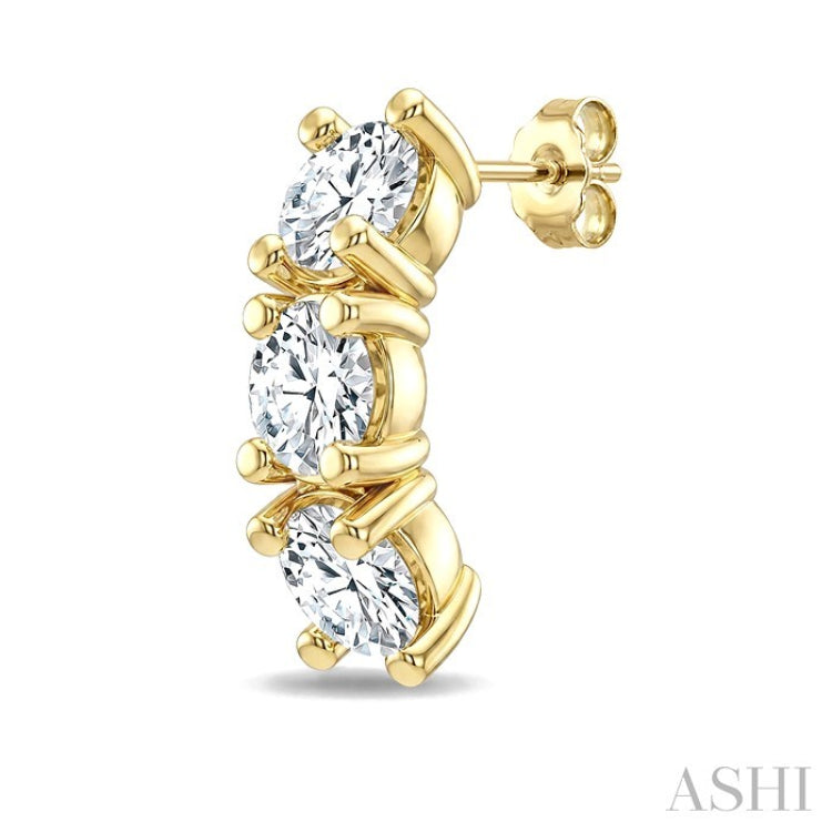 1 Ctw 3-Stone Round Cut Diamond Fashion Earrings in 14K Yellow Gold