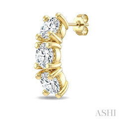 1 Ctw 3-Stone Round Cut Diamond Fashion Earrings in 14K Yellow Gold