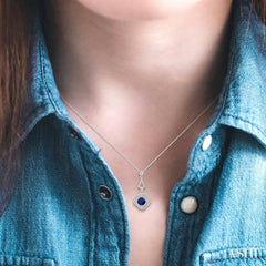 5X5 MM Cushion Shape Sapphire and 1/5 Ctw Round Cut Diamond Precious Pendant With Chain in 14K White Gold