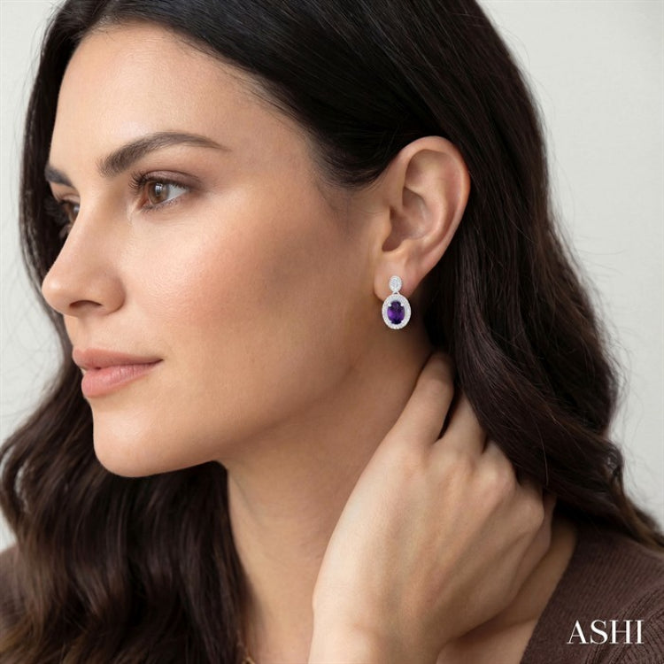 7X5 MM Oval Cut Amethyst and 1/20 Ctw Round Cut Diamond Semi-Precious Earrings in Sterling Silver