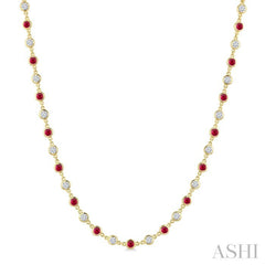 2.85 MM Round Shape Ruby and 2 5/8 Ctw Bezel Set Round Cut Diamond Precious Station Necklace in 14K Yellow Gold