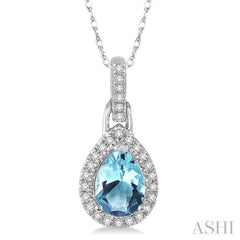 7x5 MM Pear Shape Aquamarine and 1/10 Ctw Round Cut Diamond Pendant in 10K White Gold with Chain