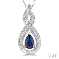 6x4 MM Entwined Pear Shape Sapphire and 1/10 Ctw Round Cut Diamond Precious Pendant With Chain in 10K White Gold