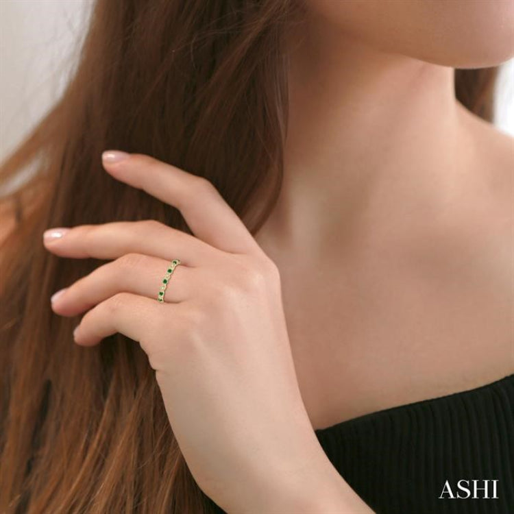 1.8 MM Round Cut Emerald and 1/20 Ctw Round Cut Diamond Precious Half Eternity Wedding Band in 14K Yellow Gold