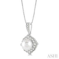 7 MM Cultured Pearl and 1/5 Ctw Round Cut Diamond Halo Pendant With Chain in 10K White Gold