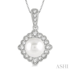 7 MM Cultured Pearl and 1/5 Ctw Round Cut Diamond Halo Pendant With Chain in 10K White Gold