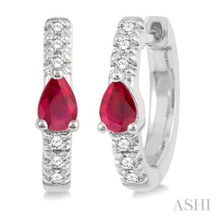 4X3 MM Pear Cut Ruby and 1/10 Ctw Round Cut Diamond Petite Huggie Earrings in 10K White Gold
