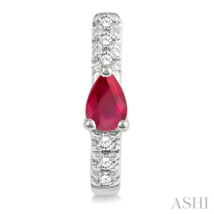4X3 MM Pear Cut Ruby and 1/10 Ctw Round Cut Diamond Petite Huggie Earrings in 10K White Gold