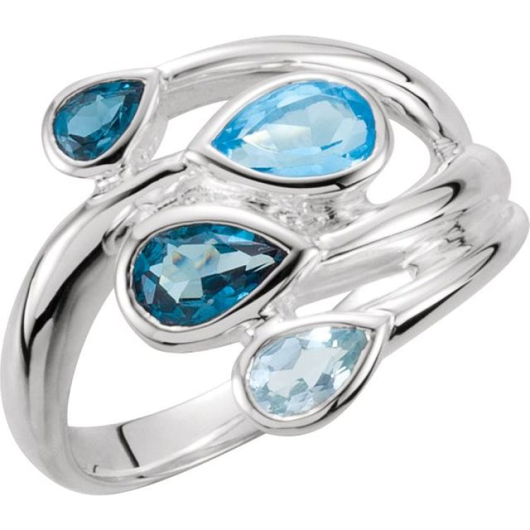 Sterling Silver Natural Sky Blue, Natural London Blue & Natural Swiss BlueTopaz Bypass Ring