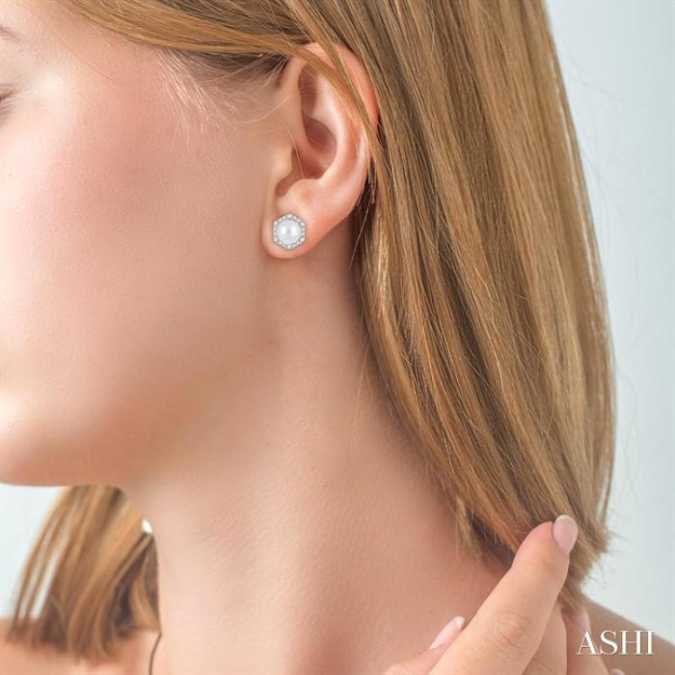 7 MM Cultured Pearls and 1/3 Ctw Hexagon Shape Round Cut Diamond Earrings in 14K White Gold