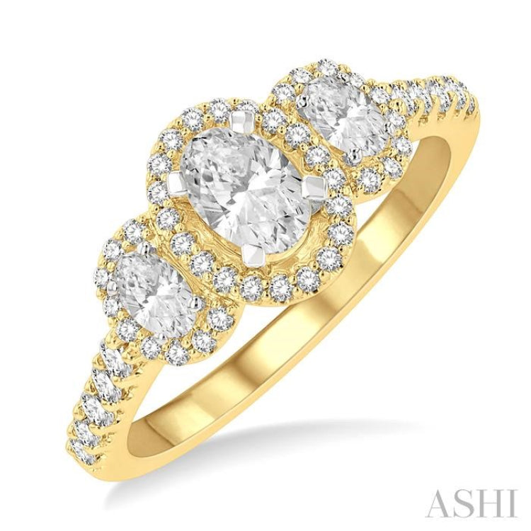 1 Ctw Past, Present & Future Round Cut Diamond Engagement Ring With 3/8 Ct Oval Cut Center Stone in 14K Yellow and White Gold