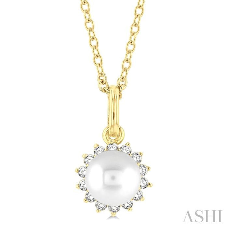 6 MM Round Shape Cultured Pearl and 1/10 Ctw Petite Round Cut Diamond Fashion Pendant With Chain in 10K Yellow Gold