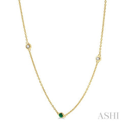 1.75 MM Emerald and 1/6 Ctw Round Cut Diamond Precious Station Necklace in 14K Yellow Gold