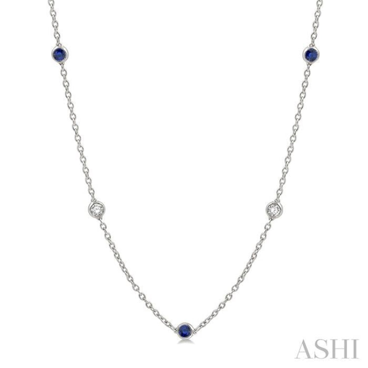 2.85 MM Sapphire and 1/2 Ctw Round Cut Diamond Precious Station Necklace in 14K White Gold