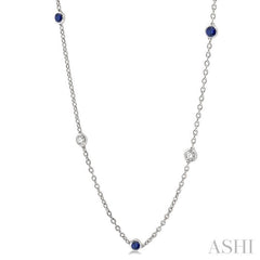 2.85 MM Sapphire and 1/2 Ctw Round Cut Diamond Precious Station Necklace in 14K White Gold