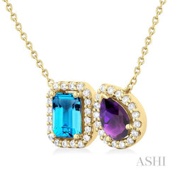 7X5 MM Emerald Cut Blue Topaz & Pear Cut Amethyst and 1/4 Ctw Toi Et Moi Round Cut Diamond Pendant With Chain in 14K Yellow Gold