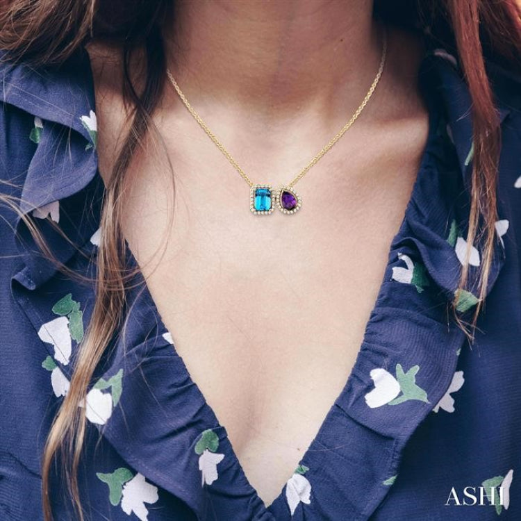 7X5 MM Emerald Cut Blue Topaz & Pear Cut Amethyst and 1/4 Ctw Toi Et Moi Round Cut Diamond Pendant With Chain in 14K Yellow Gold