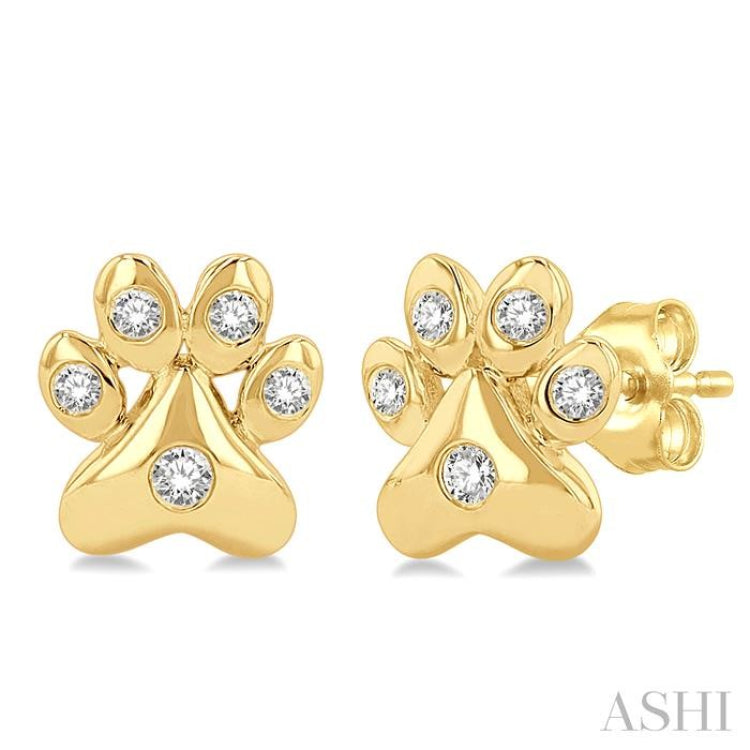 1/10 Ctw Petite Dog Paw Round Cut Diamond Fashion Stud Earring in 10K Yellow Gold