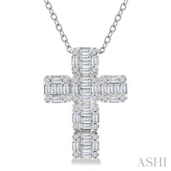 1/2 Ctw Fusion Baguette and Round Cut Diamond Cross Fashion Pendant With Chain in 14K White Gold