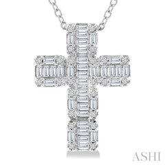 1/2 Ctw Fusion Baguette and Round Cut Diamond Cross Fashion Pendant With Chain in 14K White Gold