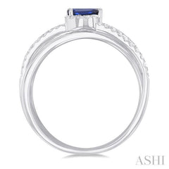 5x3 MM Emerald Shape Sapphire and 1/4 Ctw Round Cut Diamond Double Criss Cross Lovebright Precious Ring in 10K White Gold