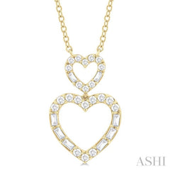 1/3 Ctw Twin Heart Fusion Baguette and Round Cut Diamond Pendant With Chain in 10K Yellow Gold