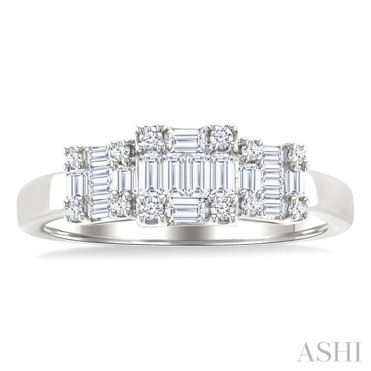1/2 Ctw Past, Present & Future Baguette and Round Cut Diamond Fusion Fashion Ring in 14K White Gold