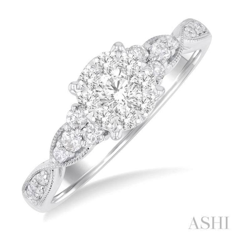 1/2 Ctw Round Shape Lovebright Carved Shank Round Cut Diamond Engagement Ring in 14K White Gold