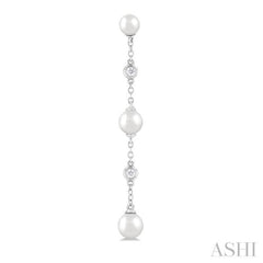 4 MM, 5 MM & 6 MM Round Shape Cultured Pearls and 1/10 Ctw Round Cut Diamond Station Long Earring in 14K White Gold