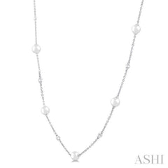 3 MM Round Shape Cultured Pearl and 1/8 Ctw Round Cut Diamond Station Necklace in 14K White Gold