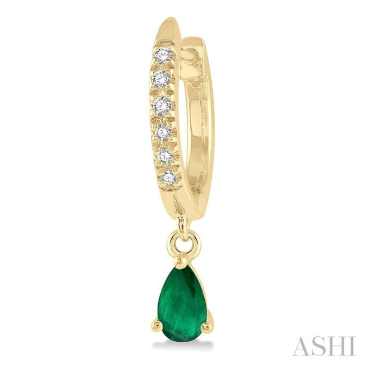 5x3 MM Pear Cut Emerald and 1/8 Ctw Round Cut Diamond Petite Fashion Huggie Earrings in 10K Yellow Gold