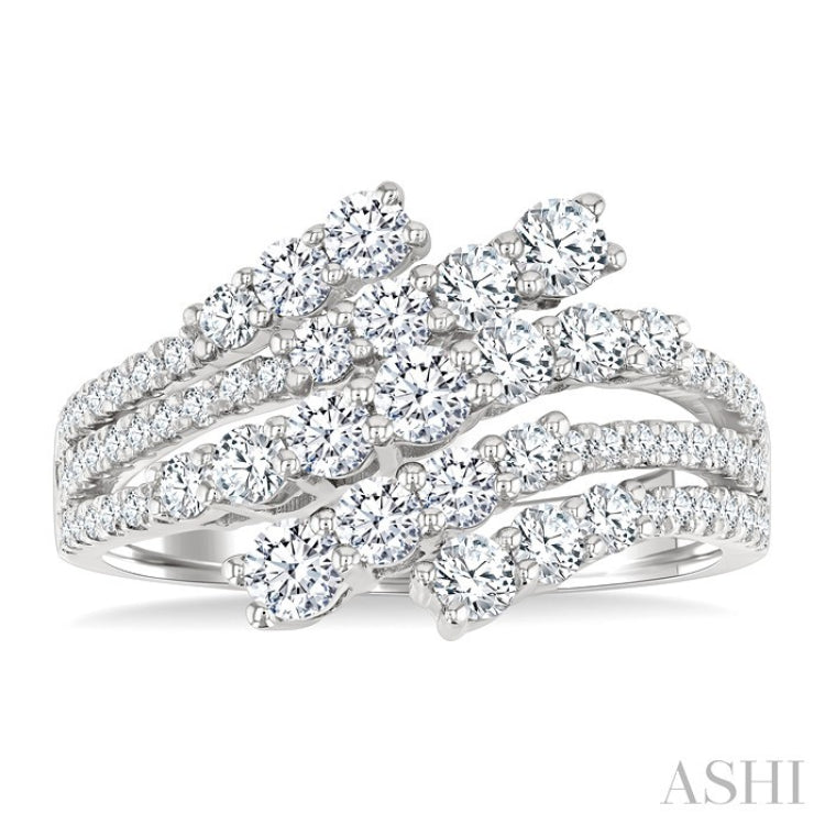 1 1/2 Ctw Triple Split Wide Bypass Round Cut Diamond Fashion Ring in 14K White Gold