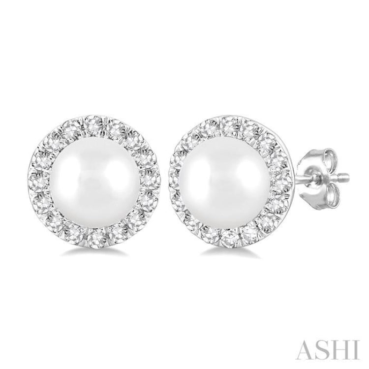 4.5 MM White Cultured Pearl and 1/8 Ctw Round Cut Diamond Halo Stud Earrings in 14K White Gold