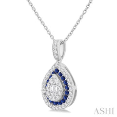 1.25 MM & 1.45 MM Pear Shape Sapphire and 1/4 Ctw Baguette and Round Cut Diamond Precious Pendant With Chain in 14K White Gold