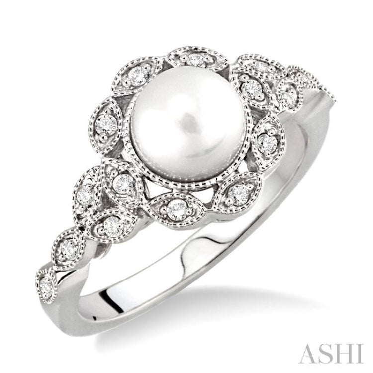6.5 MM Cultured Pearl and 1/8 Ctw Round Cut Diamond Ring in 14K White Gold