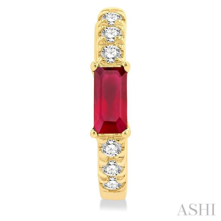 4X2 MM Baguette Cut Ruby and 1/8 Ctw Petite Round Cut Diamond Fashion Huggies in 10K Yellow Gold