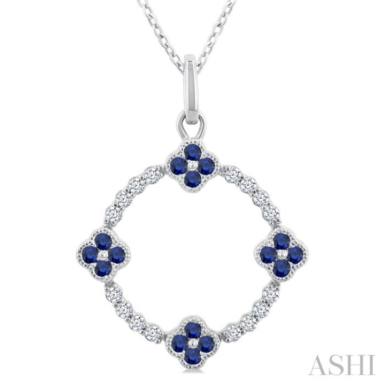 1.25 MM Clover Circle Sapphire and 1/8 Ctw Round Cut Diamond Precious Pendant With Chain in 10K White Gold