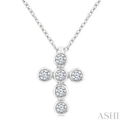 1/6 Ctw Round Cut Diamond 6-Stone Bezel Set Cross Pendant With Chain in 14K White Gold