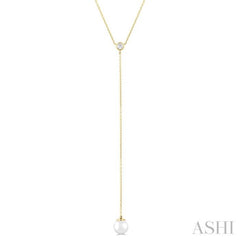 7 MM Round Shape Cultured Pearl and 1/20 Ctw Round Cut Diamond Lariat Necklace in 14K Yellow Gold