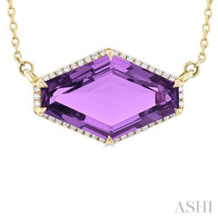 16x10 MM Hexagon Shape Amethyst and 1/10 Ctw Round Cut Diamond Halo Semi-Precious Pendant With Chain in 14K Yellow Gold