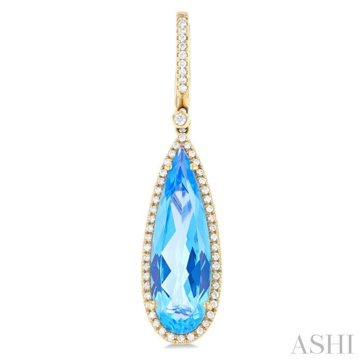 23x7 MM Pear Shape Blue Topaz and 3/8 Ctw Round Cut Diamond Halo Semi-Precious Earrings in 14K Yellow Gold
