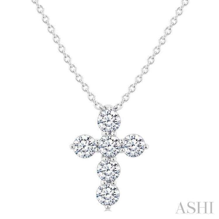 1/3 Ctw Round Cut Diamond Christian Cross 6-Stone Fashion Pendant With Chain in 14K White Gold